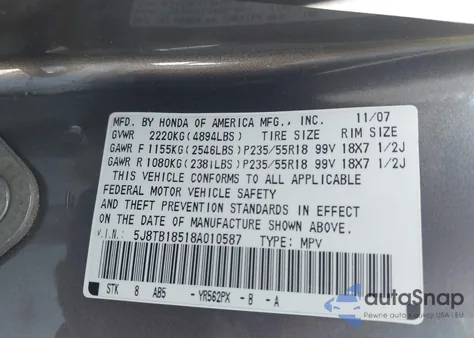 2008 Acura Rdx из США, поврежденный, VIN 5J8TB18518A010587